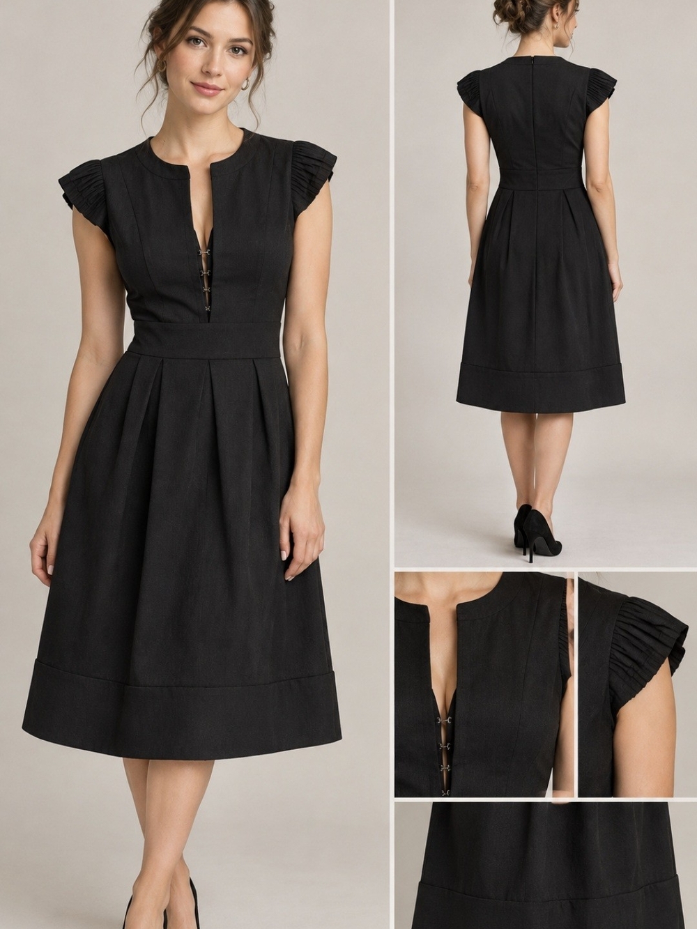 BCBGMaxAzria Classic Black Pleated Cap-Sleeve Dress